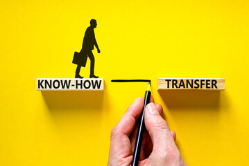 Know-how transfer symbol. Concept words Know-how transfer on wooden blocks on beautiful yellow table yellow background. Businessman hand. Copy space. Business innovation and know-how transfer concept. - obrazy, fototapety, plakaty