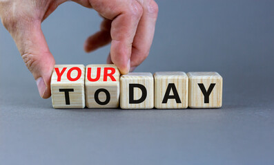 Today is your day symbol. Businessman turns wooden cubes and changes concept words Today to your day. Beautiful grey background, copy space. Business, motivation today is your day concept.