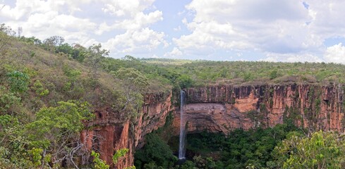 Panorama of spectacular waterfall and mountains, Chapada dos Guimarães in the state of Mato Grosso, Brazil.