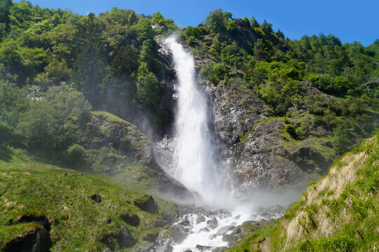 a breathtaking alpine view of Parcines waterfall and the alpine valley in the Italian Alps in Parcines (or Partschins) in the Rabla, Tel region (Merano, Rabla or Rabland, Tel, South Tyrol, Italy)