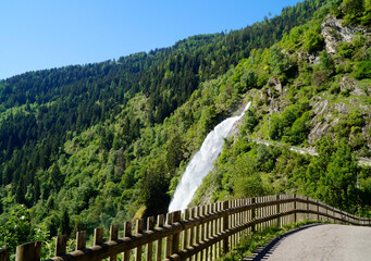 breathtaking Parcines waterfall in the Italian Alps in Parcines (or Partschins) in the Rabla (or...