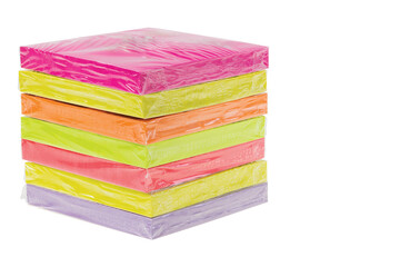 Close up view of multi colored postal note packages on white background.