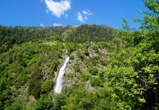 breathtaking Parcines waterfall in the Italian Alps of the Rabla region in South Tyrol (Rabla or Rabland, Merano, South Tyrol, Italy)	