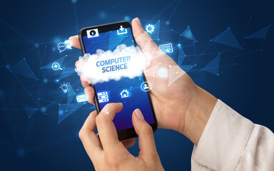 Hand using smartphone with cloud technology concept