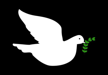 Dove of peace icon. Flying white bird with green olive branch. Concept Peace of world and no war and aggression. Vector illustration.