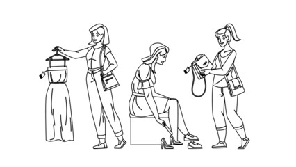 Female Shopping Occupation In Clothes Store Black Line Pencil Drawing Vector. Woman Trying Shoes, Choosing Dress And Bag In Clothing Shop, Female Shopping. Characters Making Purchase Illustration