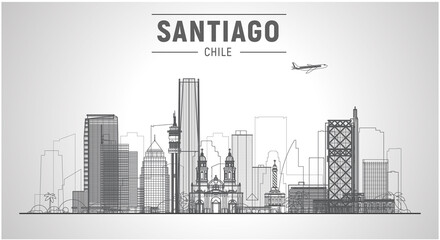 Santiago de Chile city skyline on a white background. Flat vector illustration. Business travel and tourism concept with modern buildings. Image for banner or website. - obrazy, fototapety, plakaty