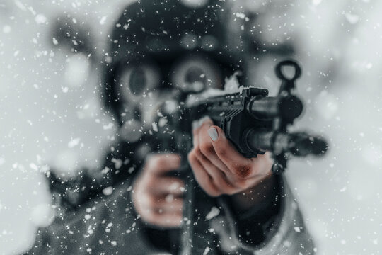 Winter soldier in the snow pointing with the gun
