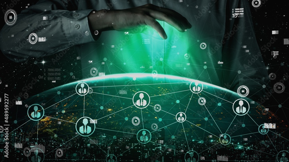 Poster conceptual people network linking and connection . 3d render computer graphic .