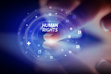 Finger touching tablet with social media icons concept