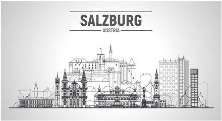 Naklejka premium Salzburg (Austria) line city. Stroke vector illustration. Business travel and tourism concept with modern buildings. Image for banner or web site.