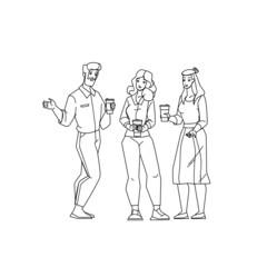Office Coffee Break And People Conversation Black Line Pencil Drawing Vector. Man And Woman Coffee Break Time And Communication. Characters Drinking Energy Hot Drink And Speaking Together Illustration