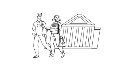 Students Walking In College Campus Together Black Line Pencil Drawing Vector. Boy And Girl With Rucksack And Book Walk In College Campus And Go At Lecture Or Seminar. Characters University Education