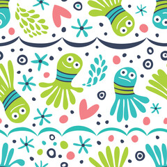 Obraz premium Seamless background with funny cartoon octopuses and fish.