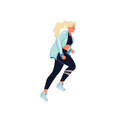 Vector flat cartoon woman character runs isolated on empty background.Stylish young athlete doing sports,running-life scene,healthy sporty lifestyle social concept,web site banner ad design