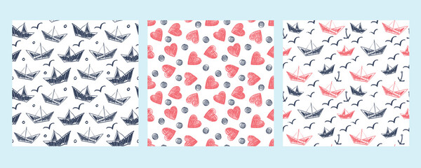 Three seamless patterns with hearts and ships.