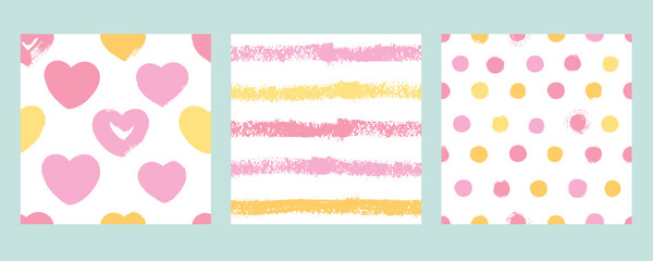Set of 3 seamless patterns: with hearts, stripes, polka dots.
