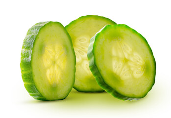 Perfectly retouched cucumber slices glowing from within isolated on white background.