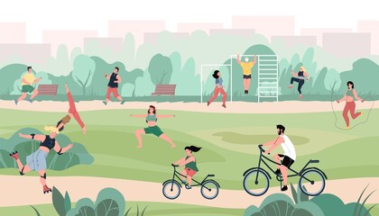Vector flat cartoon characters enjoy various sport activities at city park,they doing yoga,running,riding bikes and roller skates-healthy sporty lifestyle social concept,web site banner ad design