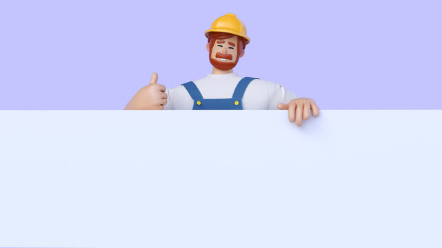 Builder showing thumbs up gesture, holding on banner template, 3d render