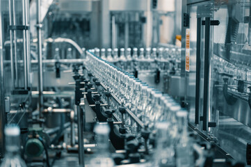 Closed glass bottles of upscale vodka transported by line