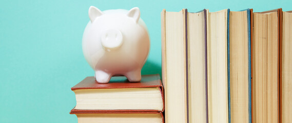 Composition with piggy bank and hardback books