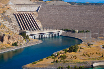 Penstocks of Hydroelectric power plant. Renewable energy background