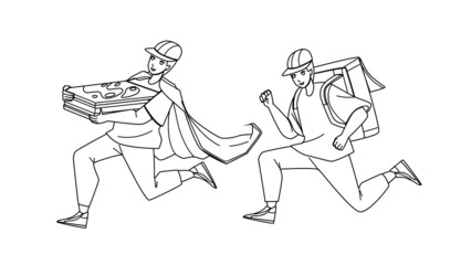 delivery man courier service. food box. Black Line Pencil Drawing Vector. fast order. deliver boy. package express person character web Illustration