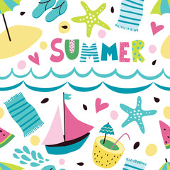 Obraz na płótnie Canvas Seamless summer background with yachts, umbrellas, flip flops, towel, starfish and sun.