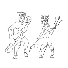 Devil People Man And Woman Stand Together Black Line Pencil Drawing Vector. Devil People Boy And Girl Holding Human Skull And Trident Accessories. Characters Halloween Holiday Celebrate Illustration