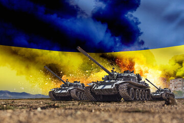 Group of main battle tanks with an explosion on the background. Flames and smoke coming from the...