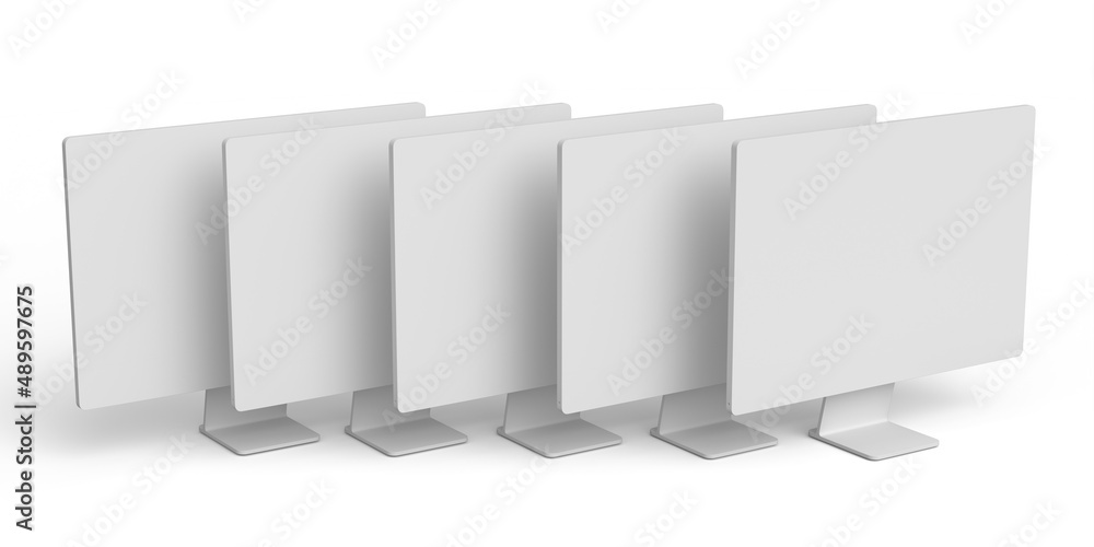 Aufkleber set of desktop computers with blank screen display isolated on white background.