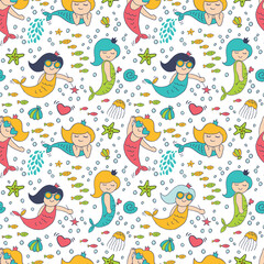 Seamless pattern with cute cartoon mermaids.