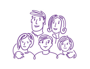 Happy family. Parents with children doodle. Cute cartoon drawn in linear style vector illustration