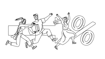 Discount Shopping Running People Together Black Line Pencil Drawing Vector. Man And Women Customers Run To Store At Season Discount Shopping. Characters Clients Shop Holiday Selling Illustration