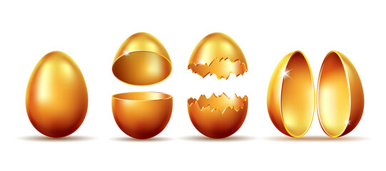 Set of Golden eggs with broken, exploded eggshell. Easter holiday symbol. - 489598244
