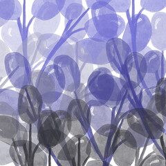 Watercolor background of leaves color transition frompurple, blue, cornflower blue, violet to gray