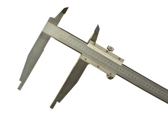 Analogue vernier calliper made of stainless steel for precise measurements, isolated on white...