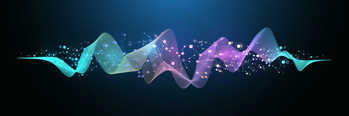 Music wave flow poster design with lines and dots. Sound flyer with abstract gradient line waves. Music abstract background, illustration concept