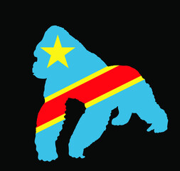 Democratic republic Congo flag over Gorilla monkey vector silhouette illustration isolated on black background. National symbol of Africa country wild life. Primates male mountain gorilla King Kong.