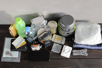 Set of survival in emergency situations and evacuation, with copy space