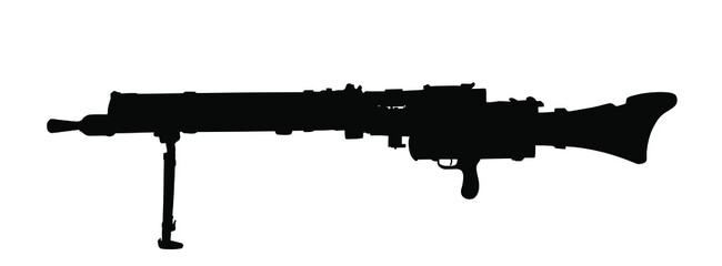 Machine gun vector silhouette illustration isolated on white background. Deadly powerful army weapon. Military rifle symbol. - obrazy, fototapety, plakaty