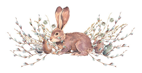 Easter brown rabbit among willow branches with blue fluffy buds, yellow mimosa flowers and colorful Easter eggs. Hand drawn in watercolor on a white background. For Easter cards, invitations