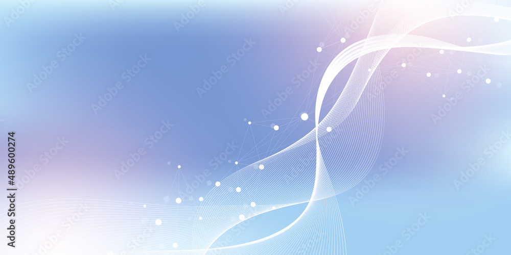Poster Geometric blue graphic background molecule and communication. Big data complex with compounds. Lines plexus, minimal array. Digital data visualization. Scientific cybernetic illustration.
