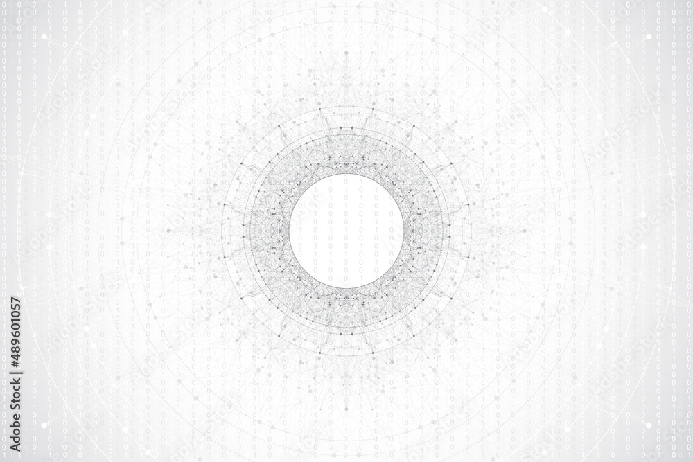 Poster Quantum computer technology banner design template concept. Deep learning artificial intelligence. Big data algorithms visualization for business, science, technology. Waves flow, illustration.