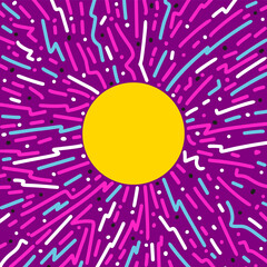 Cartoon doodle frame with geometric shapes lines, bolts and dots. Pop art colorful simple sunburst design with space for text. Vector illustration for social media stories.