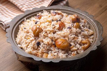 Traditional delicious Turkish food; chestnut rice pilaf (Turkish name; kestaneli pilav)
