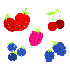 Set of summer berries. Cartoon strawberries, blackberries, raspberries, blueberries, cherries. Hand drawn vector illustration. Kids nursery design element