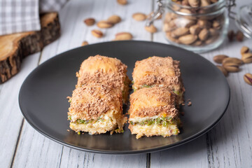 Traditional turkish new dessert cold milky baklava with pistachio (Turkish name; soguk baklava)