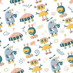 Seamless pattern of happy smiling cartoon robots for children. Robots. Vector illustration.